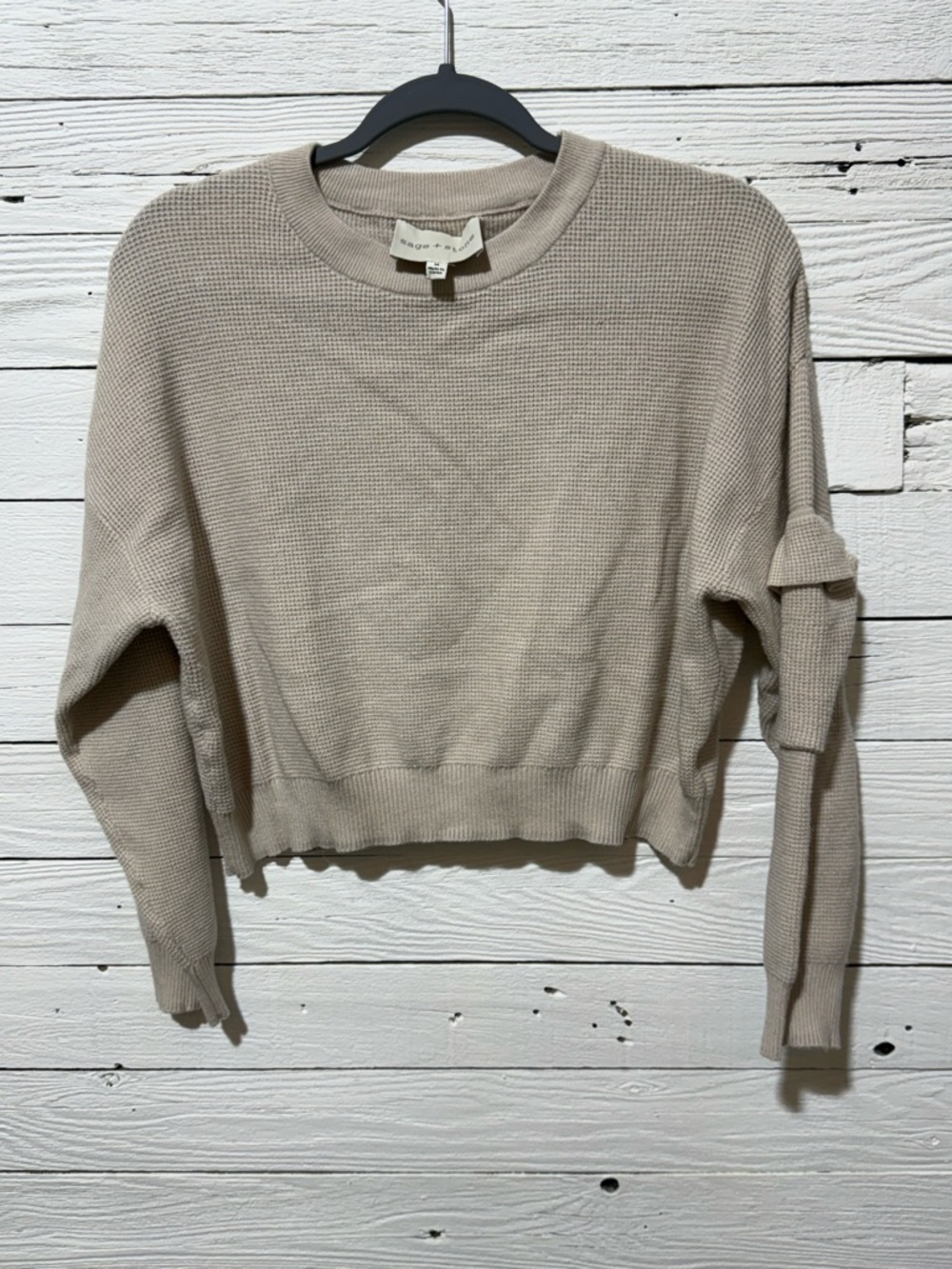 Waffle-Knit Cropped Crewneck Sweater in Light Beige by